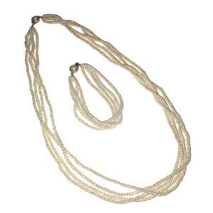 Vintage 4 Strand Creamy White Faux Pearl Statement 24" Necklace Bracelet Set EUC
